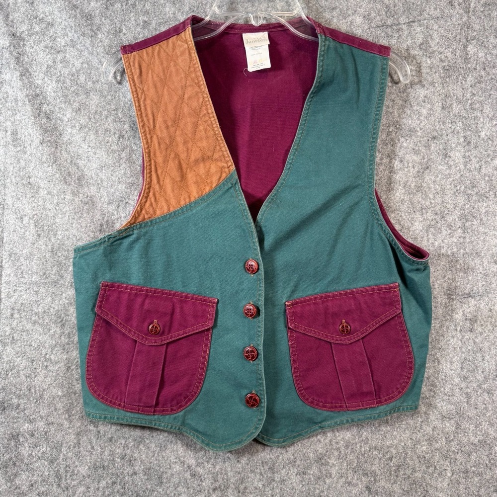 Vtg 90s Jantzen Denim Waistcoat Colorblock Vest Womens Large Utility Flap Pocket